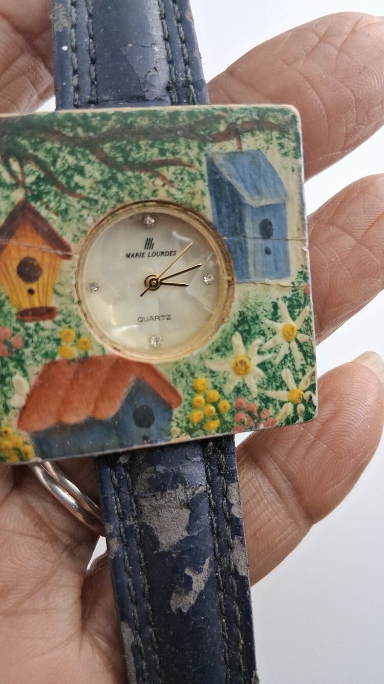 Vintage Marie Lourdes Hand-Painted Birdhouse / Floral Square Art Watch